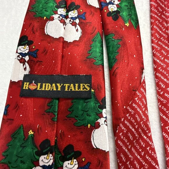 Holiday Tales Christmas Neck Tie 100% Silk Snowman & Tree 61” X 3.5 - Picture 7 of 7